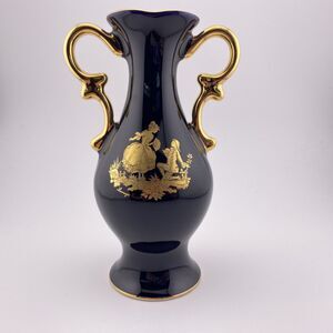 Vintage Limoges Castel Victorian Vase Blue & Gold  22k - France